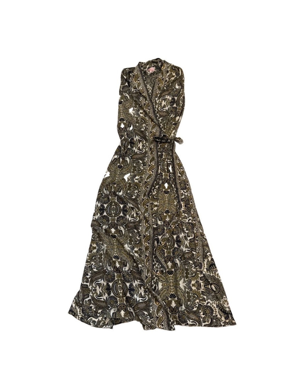 Cienna Silk Blend Sleeveless Paisley Wrap Maxi Dress in Olive and Black